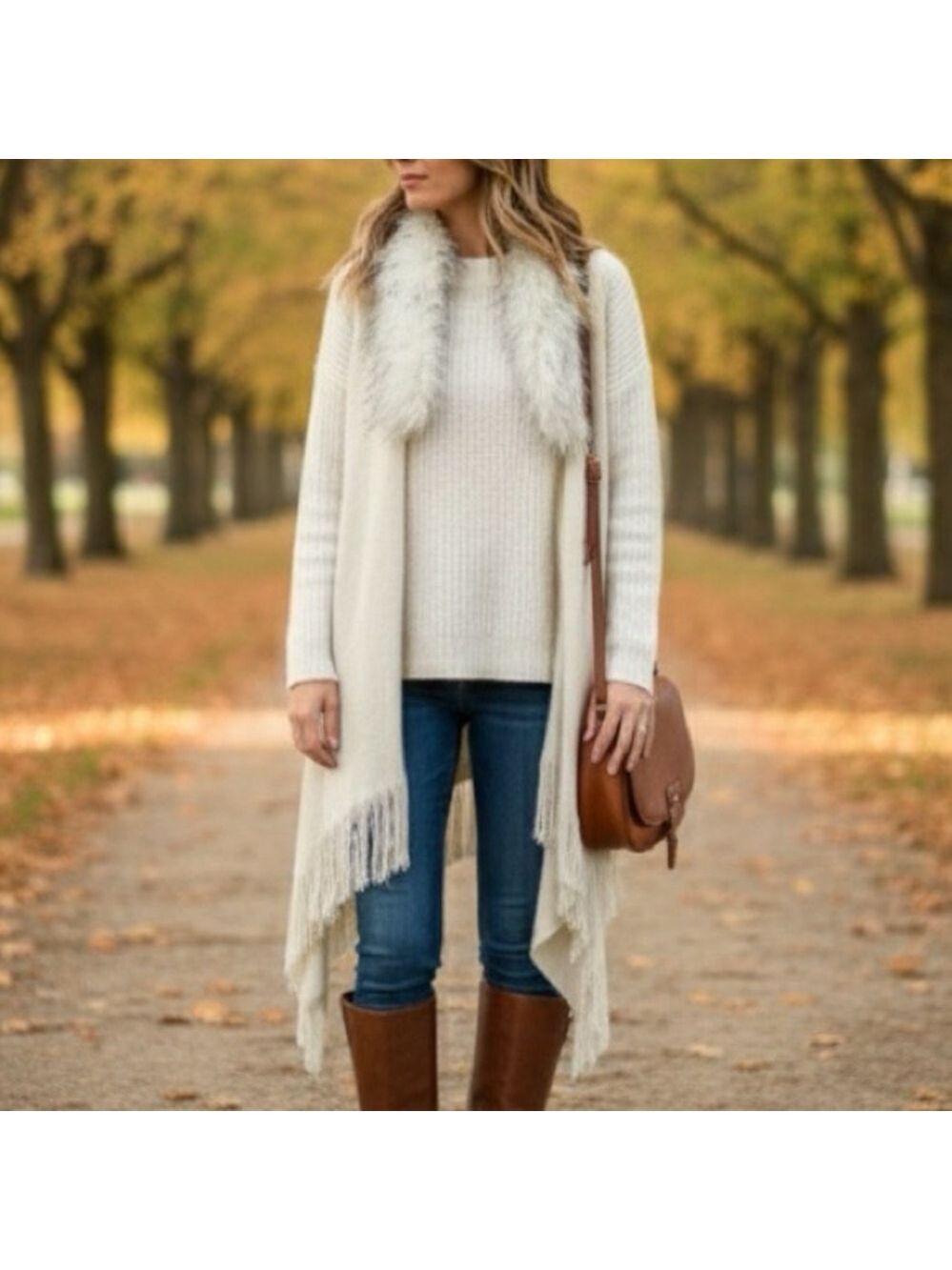 Northern Angel Anthropologie Knit Vest Faux Fur Collar Fringe Hem L/XL Boho